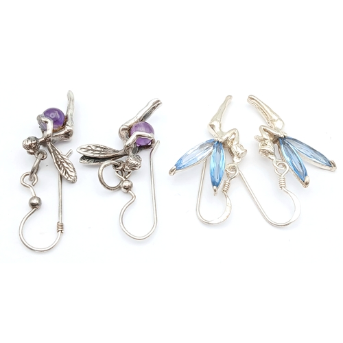 1718 - 2X pairs of 925 silver stone set Tinker bell fairy earrings. Total weight 8.1G