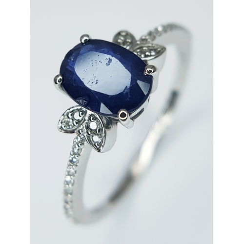 569 - A 950 PLATINUM, 1.69ctw Oval Mixed Cut Natural Sapphire Ring with Diamond Accents. Size N 1/2. Sapph... 
