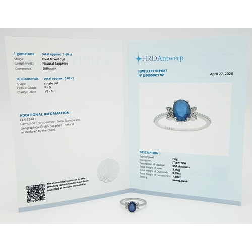 569 - A 950 PLATINUM, 1.69ctw Oval Mixed Cut Natural Sapphire Ring with Diamond Accents. Size N 1/2. Sapph... 