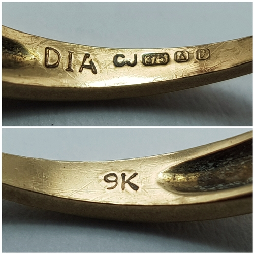 60 - A 9K Yellow Gold Diamond and Sapphire Ring. Size K 1/2. 2.2g.