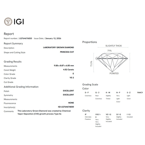 57 - A 4.52ct Princess Cut Lab-Grown Diamond. Colour E, clarity VS2. IGI certified. Cert no: LG764676830.... 