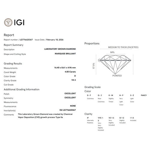 576 - A 4.00ct Marquise Cut Lab-Grown Diamond. Colour D, clarity VS2. IGI certified. Cert no: LG776620367.... 