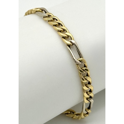 36 - An 18K Yellow and White Gold Fancy Figaro Link Bracelet. 18cm. 5.25g, clasp as found, see photo.