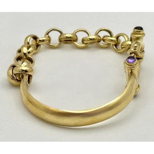 4 - An 18K Yellow Gold Circle Link and Bangle Hybrid Style Bracelet. Amethyst accents. 18cm. 20.5g.