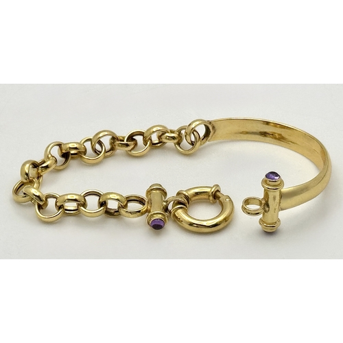 4 - An 18K Yellow Gold Circle Link and Bangle Hybrid Style Bracelet. Amethyst accents. 18cm. 20.5g.