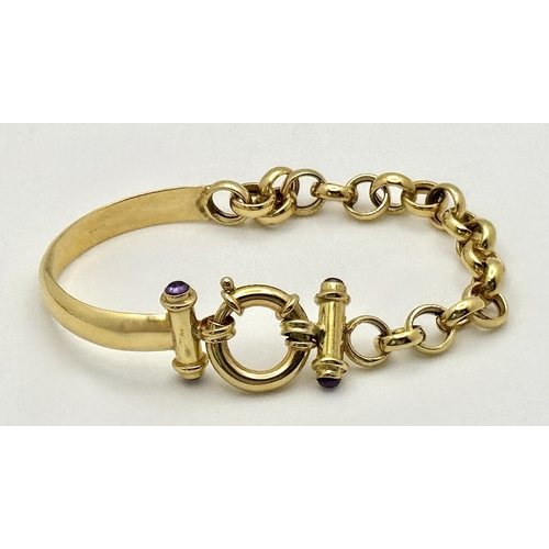 4 - An 18K Yellow Gold Circle Link and Bangle Hybrid Style Bracelet. Amethyst accents. 18cm. 20.5g.