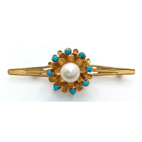 15 - An 18K Yellow Gold Turquoise and Pearl Bar Brooch. Beautiful central ornate flower. 5.5cm. 10.95g to... 
