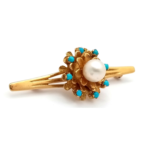 15 - An 18K Yellow Gold Turquoise and Pearl Bar Brooch. Beautiful central ornate flower. 5.5cm. 10.95g to... 