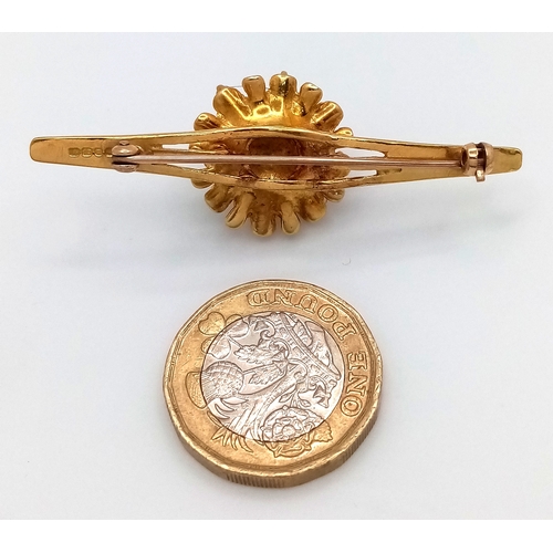 15 - An 18K Yellow Gold Turquoise and Pearl Bar Brooch. Beautiful central ornate flower. 5.5cm. 10.95g to... 