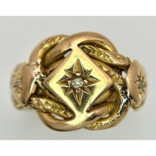 17 - An Antique 18K Yellow Gold and Diamond Lovers Knot Ring. Size M 1/2. 5.46g.