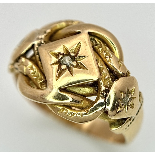 17 - An Antique 18K Yellow Gold and Diamond Lovers Knot Ring. Size M 1/2. 5.46g.