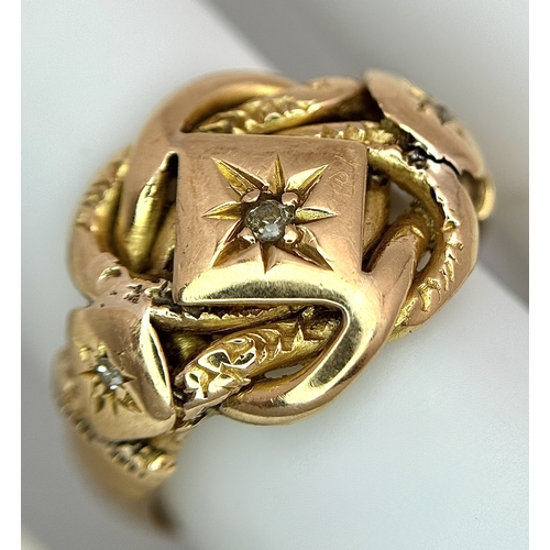 17 - An Antique 18K Yellow Gold and Diamond Lovers Knot Ring. Size M 1/2. 5.46g.