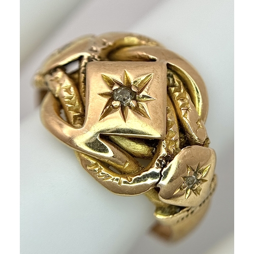 17 - An Antique 18K Yellow Gold and Diamond Lovers Knot Ring. Size M 1/2. 5.46g.