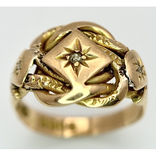 17 - An Antique 18K Yellow Gold and Diamond Lovers Knot Ring. Size M 1/2. 5.46g.