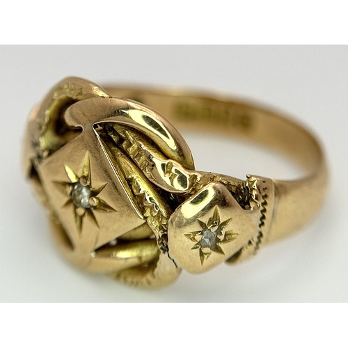 17 - An Antique 18K Yellow Gold and Diamond Lovers Knot Ring. Size M 1/2. 5.46g.