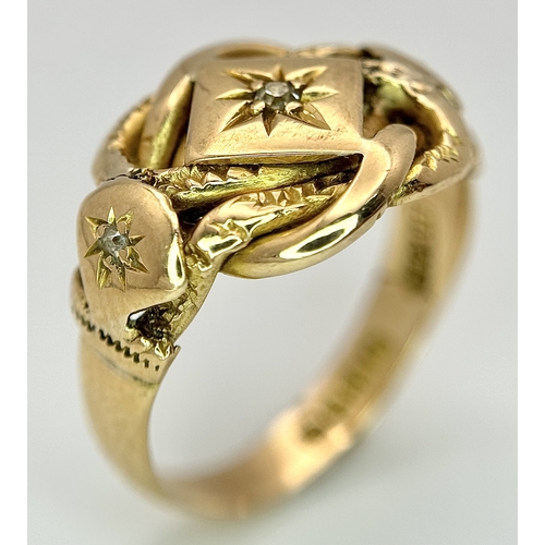 17 - An Antique 18K Yellow Gold and Diamond Lovers Knot Ring. Size M 1/2. 5.46g.