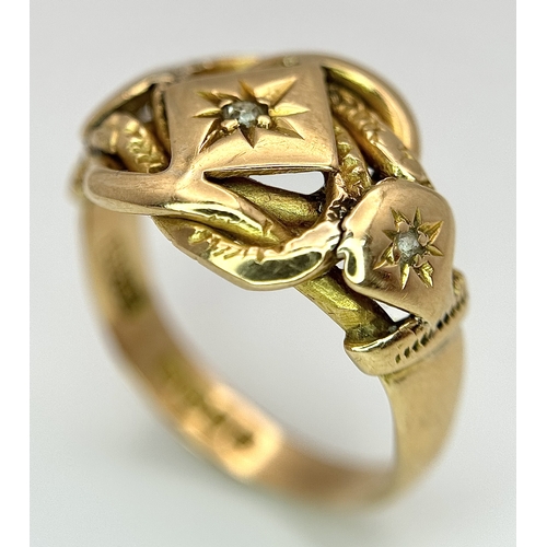 17 - An Antique 18K Yellow Gold and Diamond Lovers Knot Ring. Size M 1/2. 5.46g.