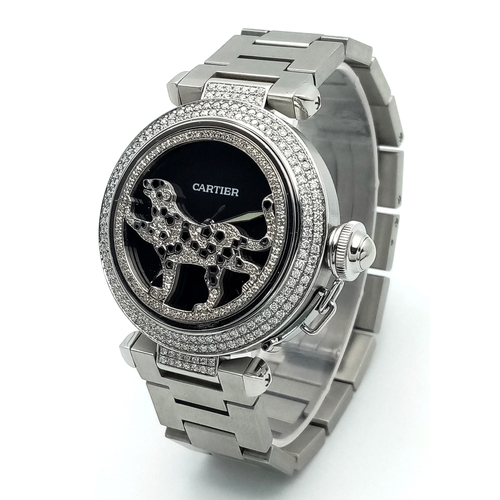 38 - A FABULOUS CARTIER 'Pasha De Cartier' Diamond Automatic Ladies Watch. Stainless steel bracelet and c... 