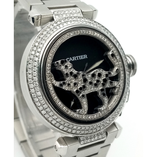 38 - A FABULOUS CARTIER 'Pasha De Cartier' Diamond Automatic Ladies Watch. Stainless steel bracelet and c... 