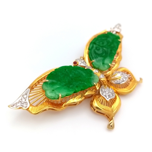 50 - The Butterfly Queen! An 18K Yellow Gold, jade, diamond and ruby butterfly that can be worn as a broo... 