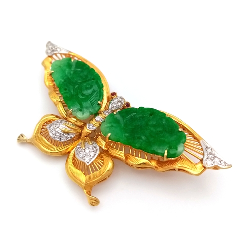 50 - The Butterfly Queen! An 18K Yellow Gold, jade, diamond and ruby butterfly that can be worn as a broo... 