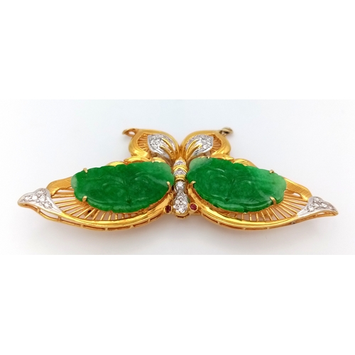 50 - The Butterfly Queen! An 18K Yellow Gold, jade, diamond and ruby butterfly that can be worn as a broo... 