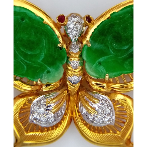 50 - The Butterfly Queen! An 18K Yellow Gold, jade, diamond and ruby butterfly that can be worn as a broo... 