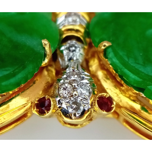 50 - The Butterfly Queen! An 18K Yellow Gold, jade, diamond and ruby butterfly that can be worn as a broo... 