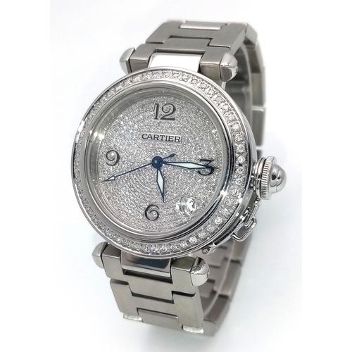 52 - A Pasha de Cartier Diamond Automatic Ladies Watch. Stainless steel bracelet and case - 36mm. Diamond... 
