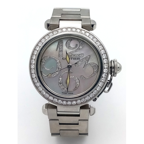 A Pasha de Cartier Automatic Diamond Ladies Watch. Stainless steel bracelet and case - 36mm. Diamond set bezel. Mother of Pearl dial with diamond set large numbers. In good condition and working order. Note: This watch has been after-sale custom fitted with diamonds.