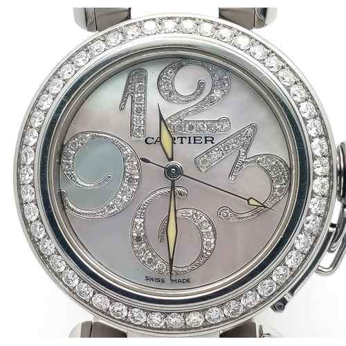 10 - A Pasha de Cartier Automatic Diamond Ladies Watch. Stainless steel bracelet and case - 36mm. Diamond... 