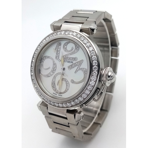 10 - A Pasha de Cartier Automatic Diamond Ladies Watch. Stainless steel bracelet and case - 36mm. Diamond... 