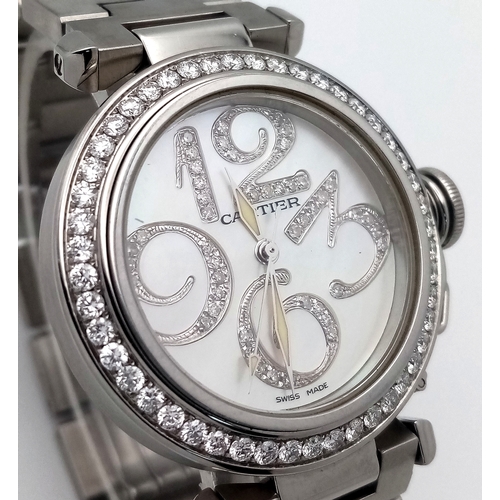 10 - A Pasha de Cartier Automatic Diamond Ladies Watch. Stainless steel bracelet and case - 36mm. Diamond... 