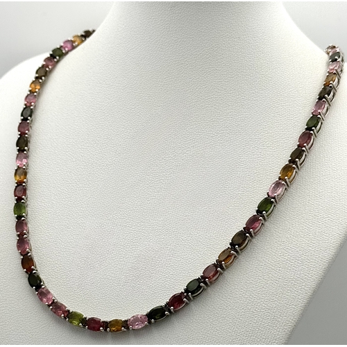 1245 - A Pretty Sterling Silver Multi-Colour Tourmaline Set Necklace- 46cm Length. Set with Seventy 6 x 4mm... 