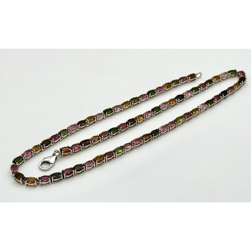 1245 - A Pretty Sterling Silver Multi-Colour Tourmaline Set Necklace- 46cm Length. Set with Seventy 6 x 4mm... 