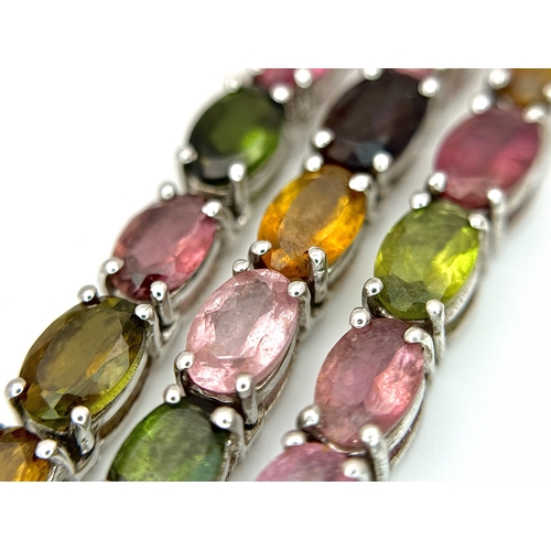 1245 - A Pretty Sterling Silver Multi-Colour Tourmaline Set Necklace- 46cm Length. Set with Seventy 6 x 4mm... 