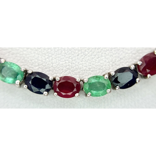 1252 - An Attractive Sterling Silver Blue Sapphire, Ruby and Emerald Necklace-46cm Length with optional Mag... 
