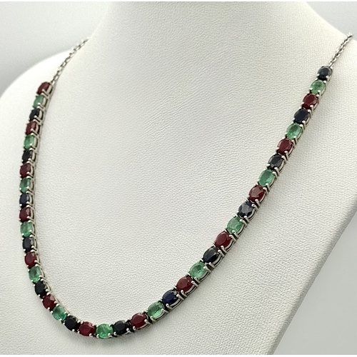 1252 - An Attractive Sterling Silver Blue Sapphire, Ruby and Emerald Necklace-46cm Length with optional Mag... 