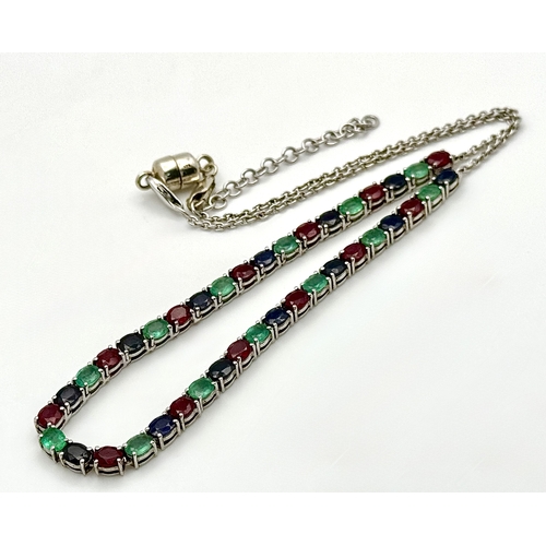 1252 - An Attractive Sterling Silver Blue Sapphire, Ruby and Emerald Necklace-46cm Length with optional Mag... 