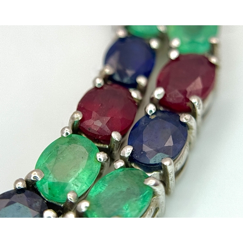 1252 - An Attractive Sterling Silver Blue Sapphire, Ruby and Emerald Necklace-46cm Length with optional Mag... 