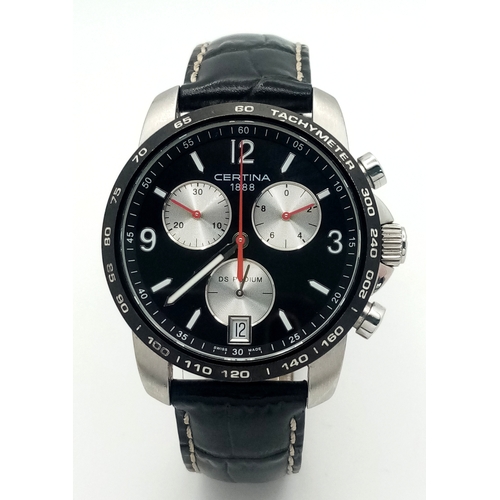 1259 - A Classy Mens Certina Reverse Panda Quartz Chronograph Date Watch. 40mm Case. Comes Boxed with Paper... 