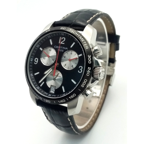 1259 - A Classy Mens Certina Reverse Panda Quartz Chronograph Date Watch. 40mm Case. Comes Boxed with Paper... 