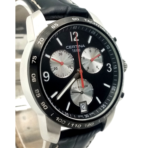 1259 - A Classy Mens Certina Reverse Panda Quartz Chronograph Date Watch. 40mm Case. Comes Boxed with Paper... 