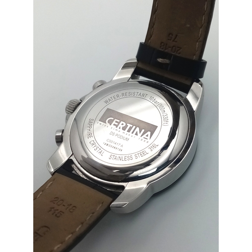 1259 - A Classy Mens Certina Reverse Panda Quartz Chronograph Date Watch. 40mm Case. Comes Boxed with Paper... 