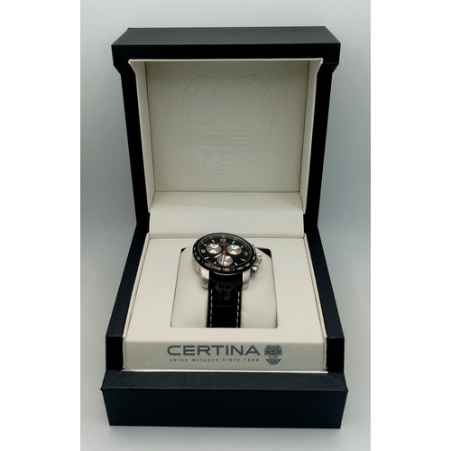1259 - A Classy Mens Certina Reverse Panda Quartz Chronograph Date Watch. 40mm Case. Comes Boxed with Paper... 