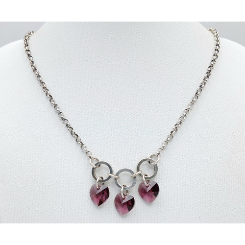 1248 - A 925 Silver Necklace with Burgundy Stone Drop Charms. Belcher chain with three faceted burgundy sto... 