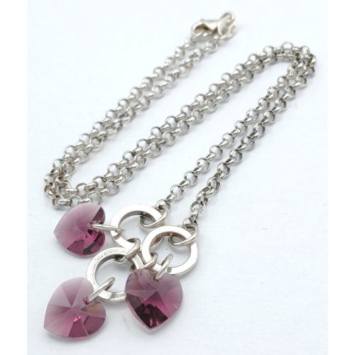 1248 - A 925 Silver Necklace with Burgundy Stone Drop Charms. Belcher chain with three faceted burgundy sto... 