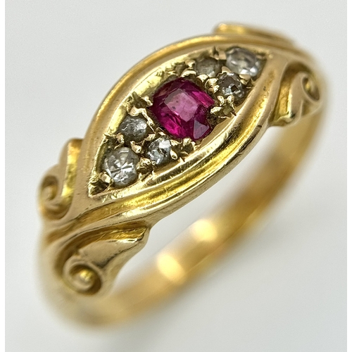13 - AN 18K YELLOW GOLD, ANTIQUE, DIAMOND AND RUBY SET RING. 4G, SIZE N. TAN 2011