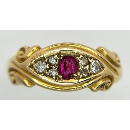 13 - AN 18K YELLOW GOLD, ANTIQUE, DIAMOND AND RUBY SET RING. 4G, SIZE N. TAN 2011
