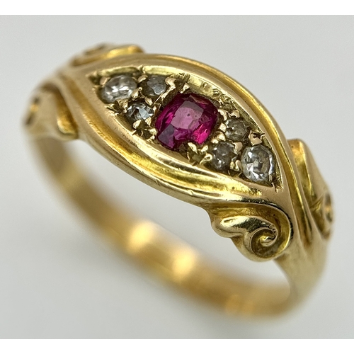 13 - AN 18K YELLOW GOLD, ANTIQUE, DIAMOND AND RUBY SET RING. 4G, SIZE N. TAN 2011